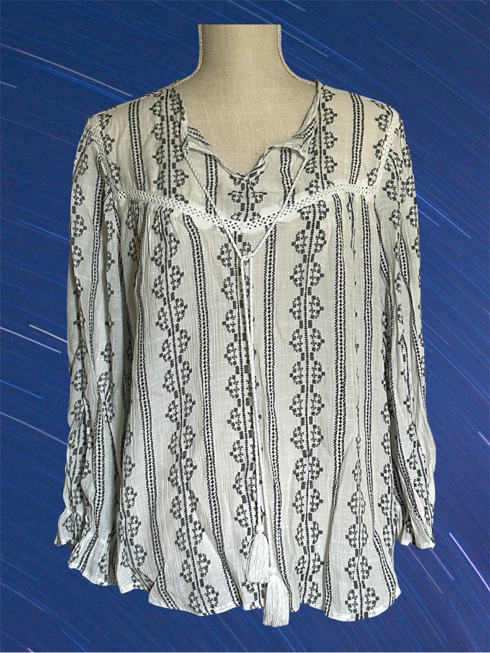 Como Black Boho Peasant Blouse in Black & White Geometric Print & Tassel V-Neck